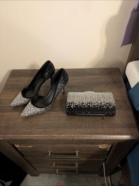 White House Black Market Black Crystal-Accented Stiletto Heels & Matching Purse